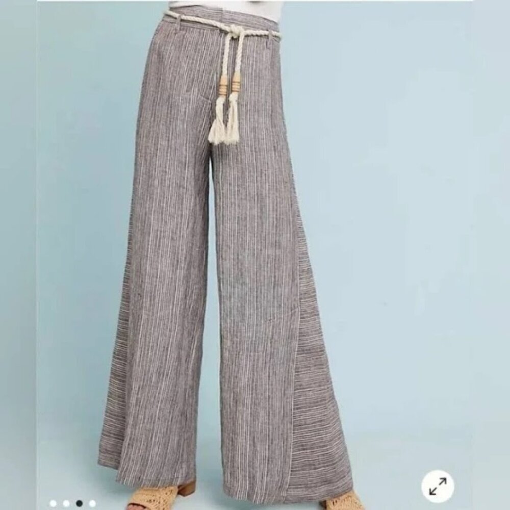 Ett Twa Anthropologie Striped Wide Leg Pants Brown White Rope Belt Tassel Size 2 - Picture 15 of 15